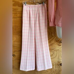 70s Vintage Peach Plaid Polyester Knit Wide Leg Pants